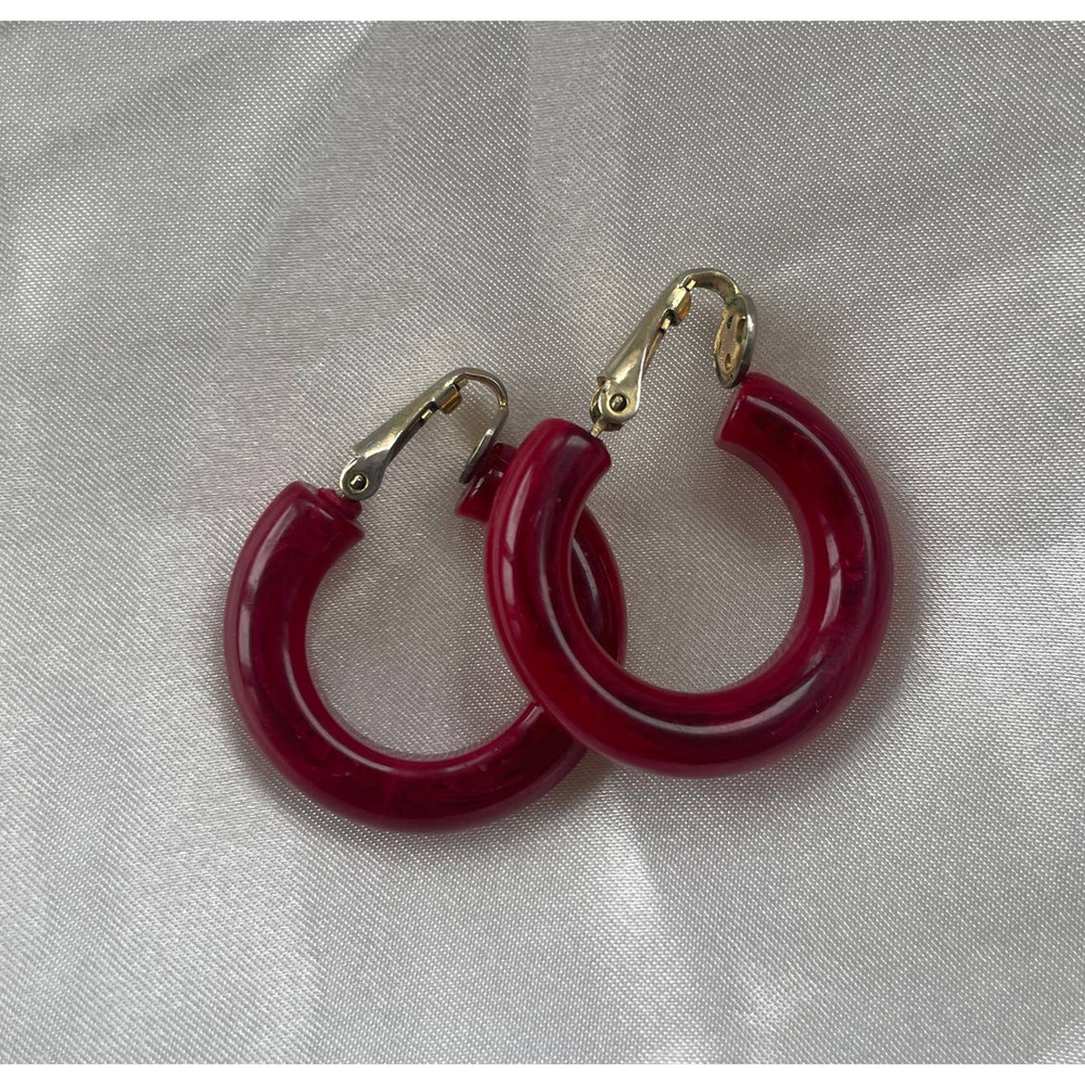 Retro Mid-Century 1960s Red Lucite Hoop Earrings